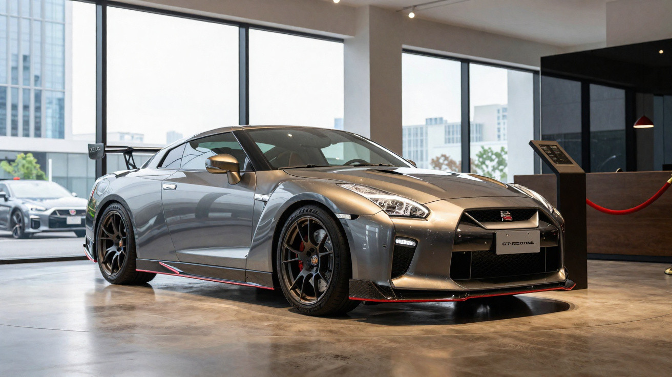 Carro desportivo Nissan GT-R cinza estacionado em showroom moderno com janelas grandes.