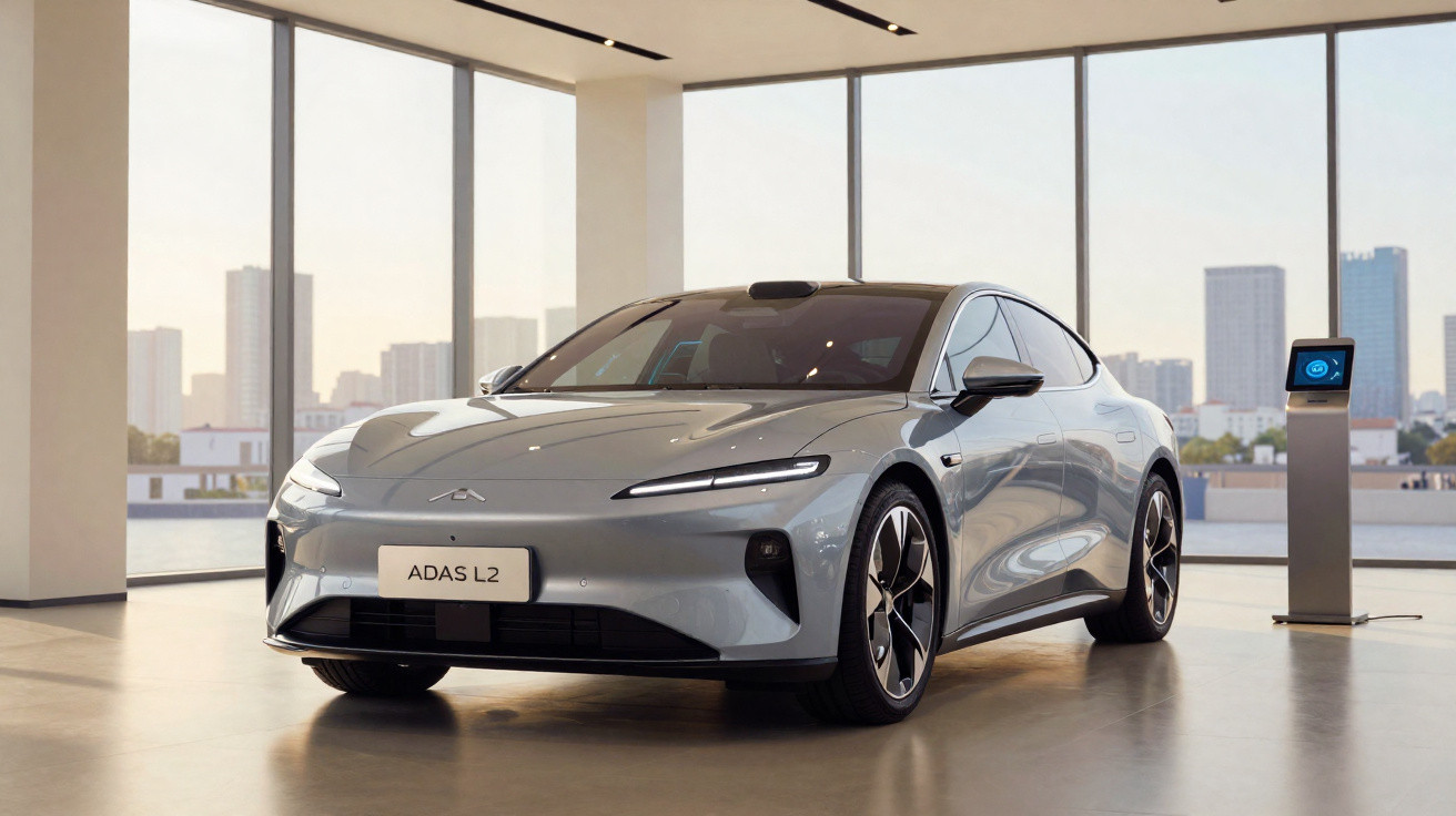 Carro elétrico cinzento ADAS L2 num showroom moderno com janelas grandes e vista urbana ao fundo.