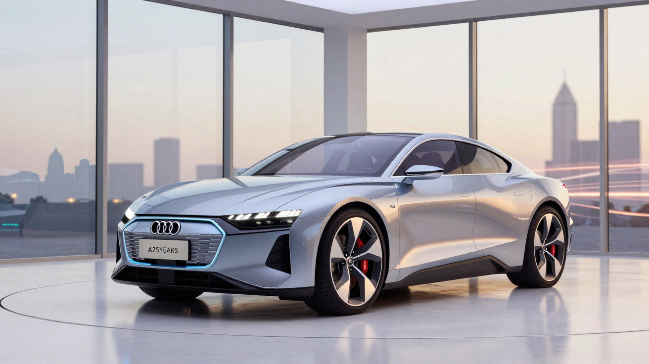 Automóvel moderno Audi cinzento estacionado em interiores com janelas panorâmicas e vista urbana ao fundo.
