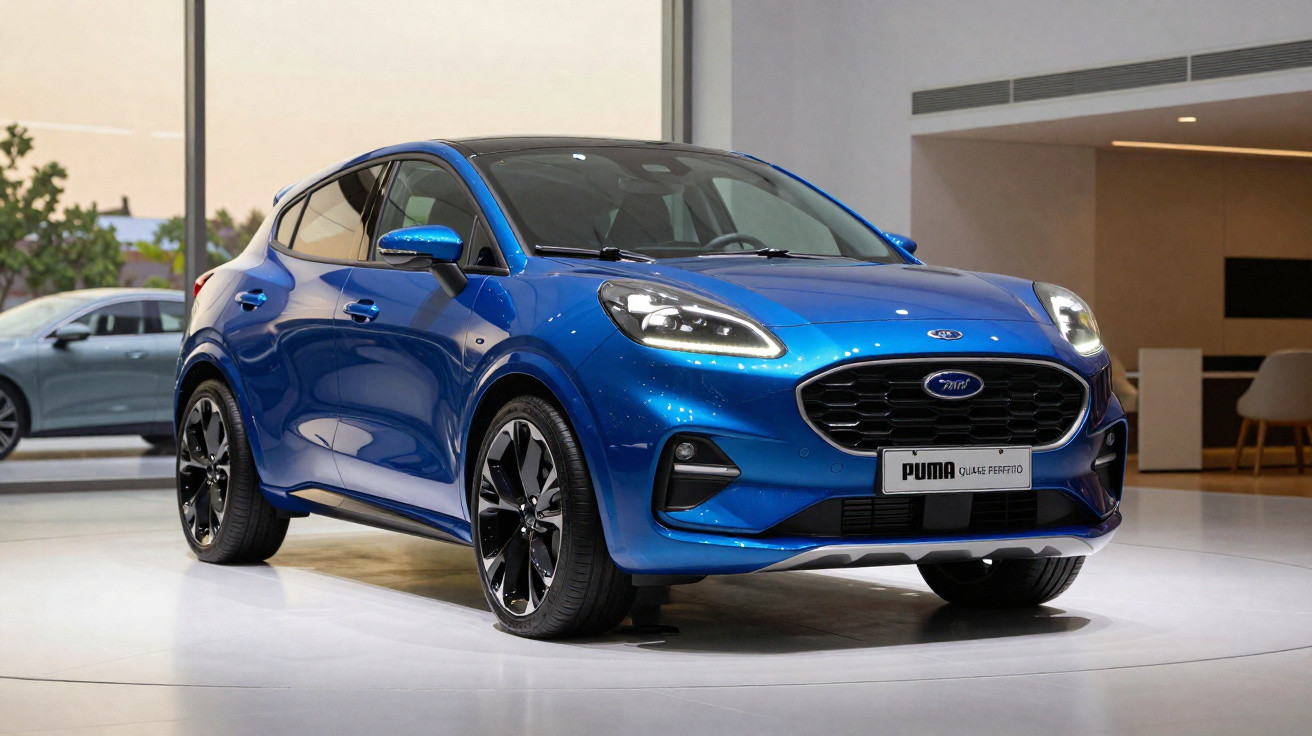 Carro Ford Puma azul brilhante exposto num espaço interior moderno com grande vidro ao fundo.