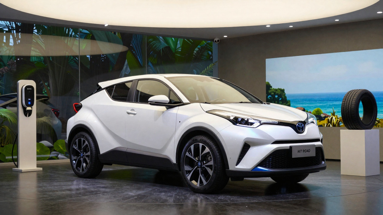Carro elétrico branco estacionado em showroom moderno com estação de carregamento à esquerda.