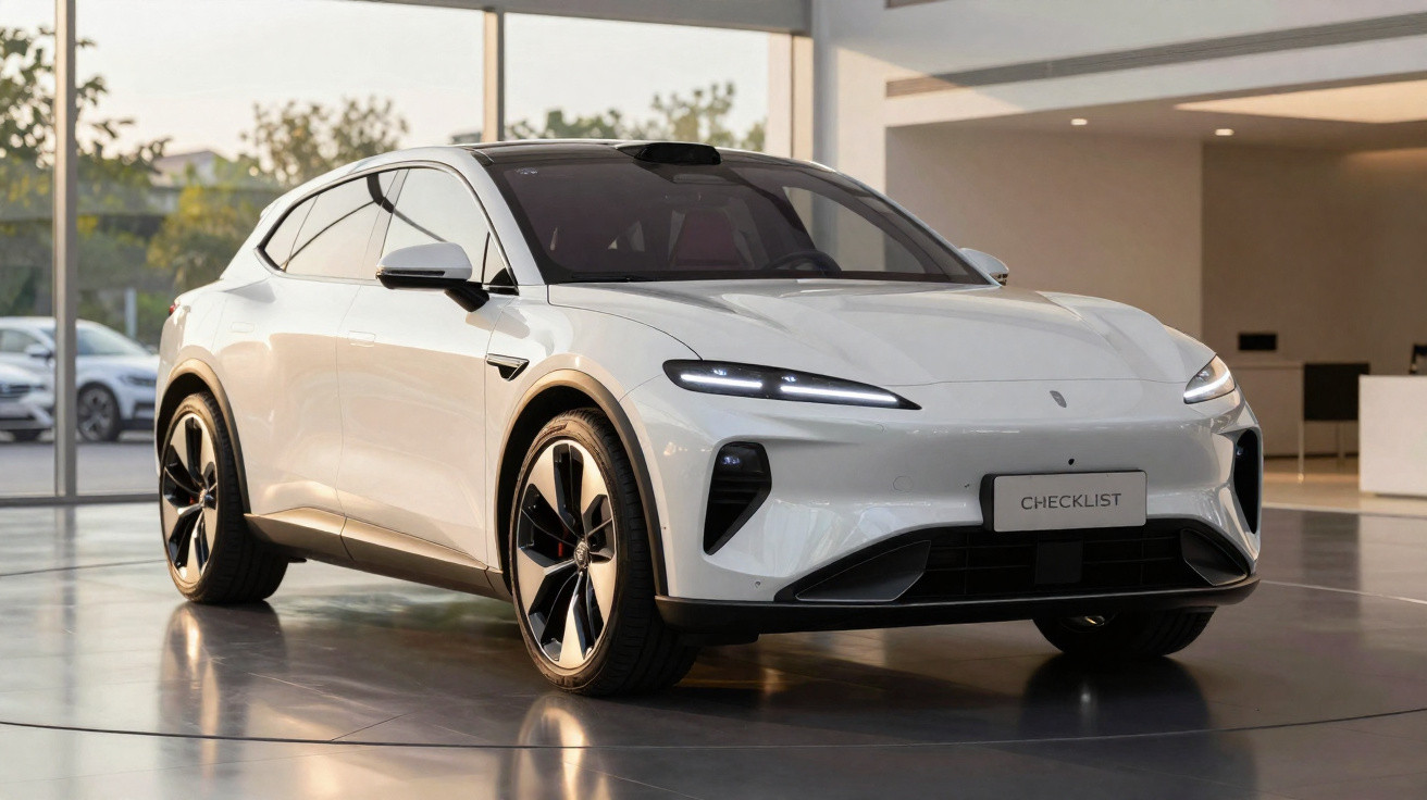 Carro elétrico branco moderno estacionado em ambiente interior com luz natural e janelas amplas.