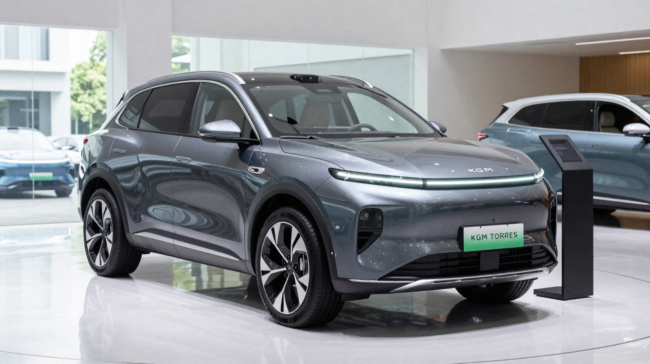 SUV elétrico cinza KGM Torres exibido em showroom moderno e iluminado.