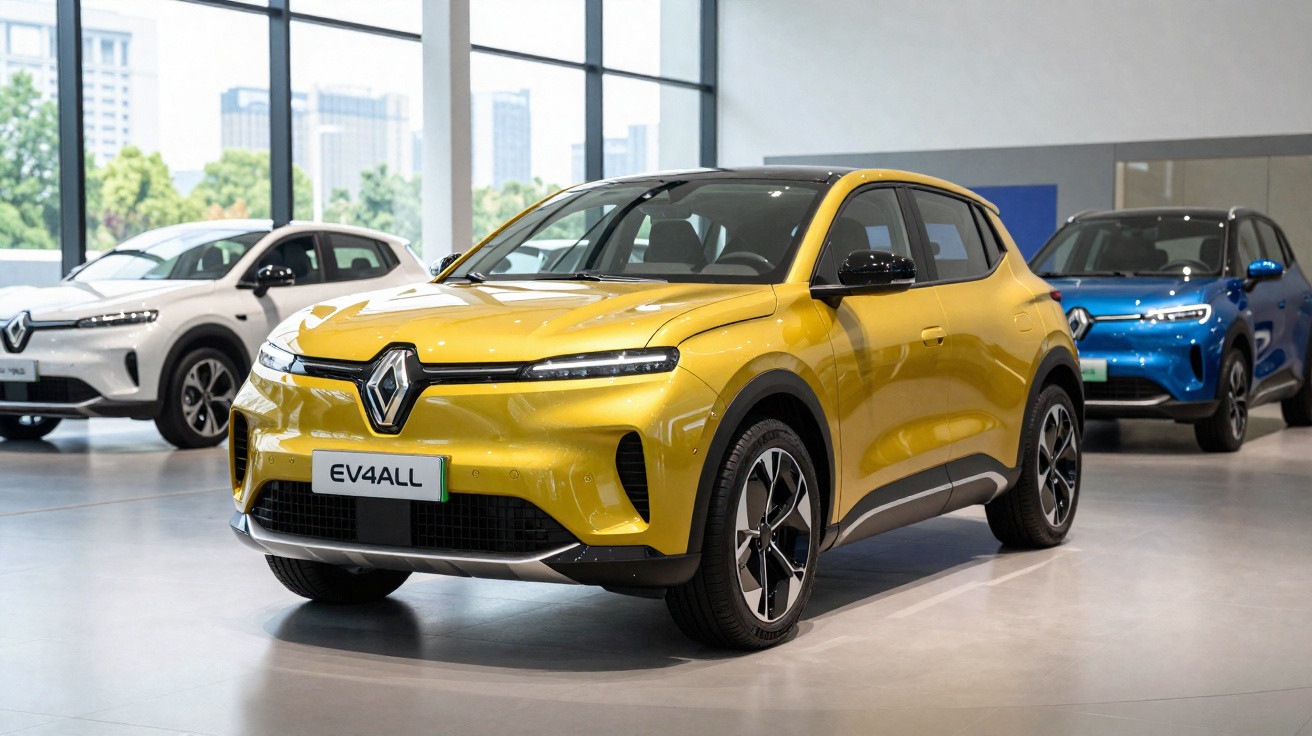 Veículo elétrico Renault EV4ALL amarelo exposto em salão automóvel com outros carros ao fundo.