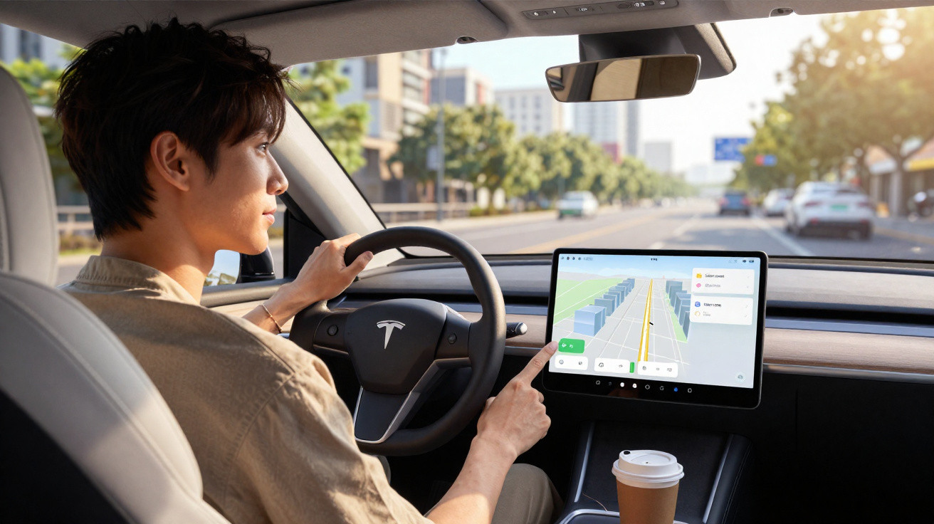 Homem a conduzir carro Tesla com ecrã tátil de navegação visível e café numa chávena de papel no suporte.