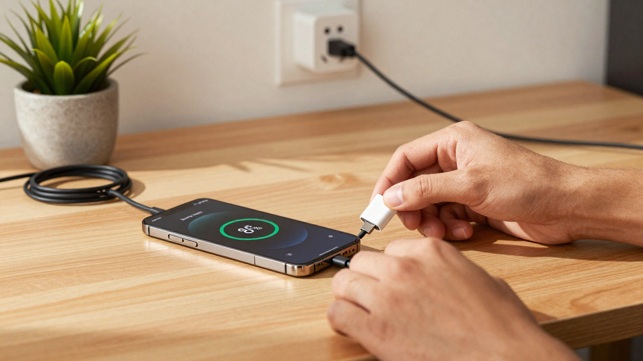 Pessoa a ligar carregador a smartphone numa mesa de madeira, com vaso de planta ao fundo.