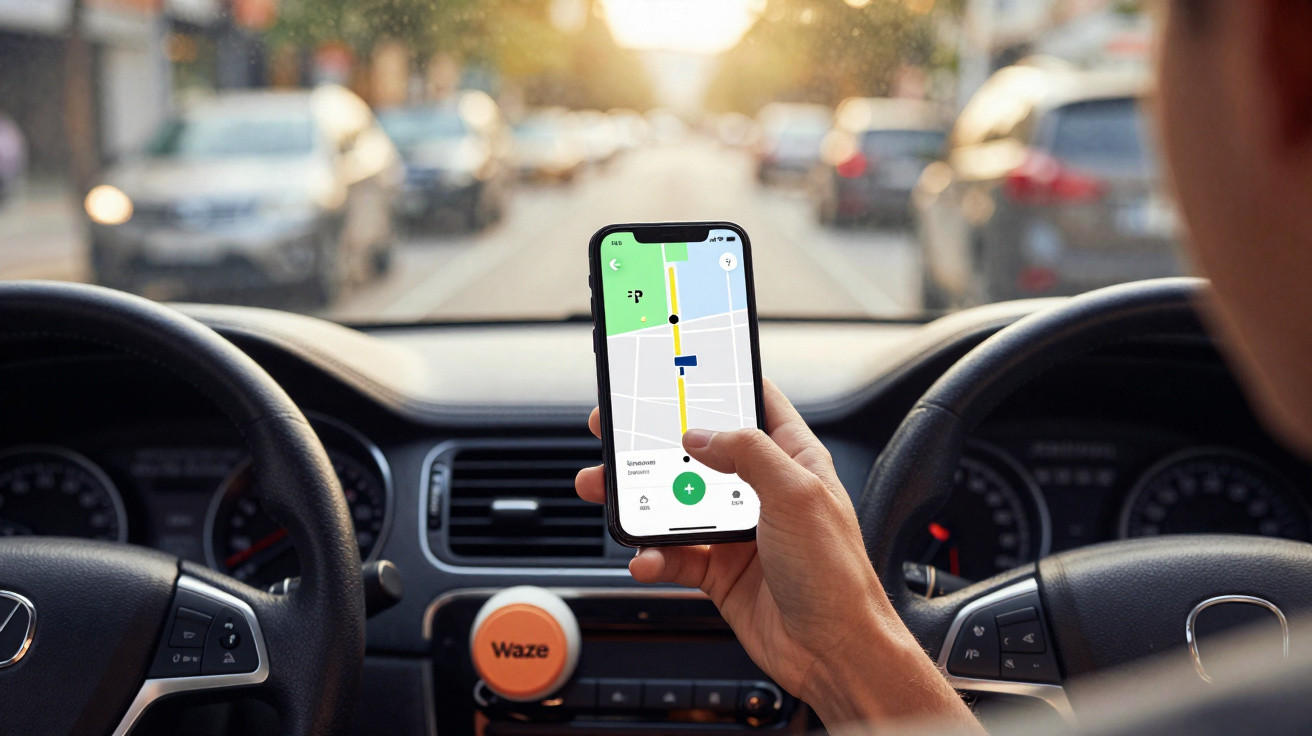 Pessoa a segurar um telemóvel com aplicação Waze aberta dentro de um carro em estrada iluminada pelo sol.