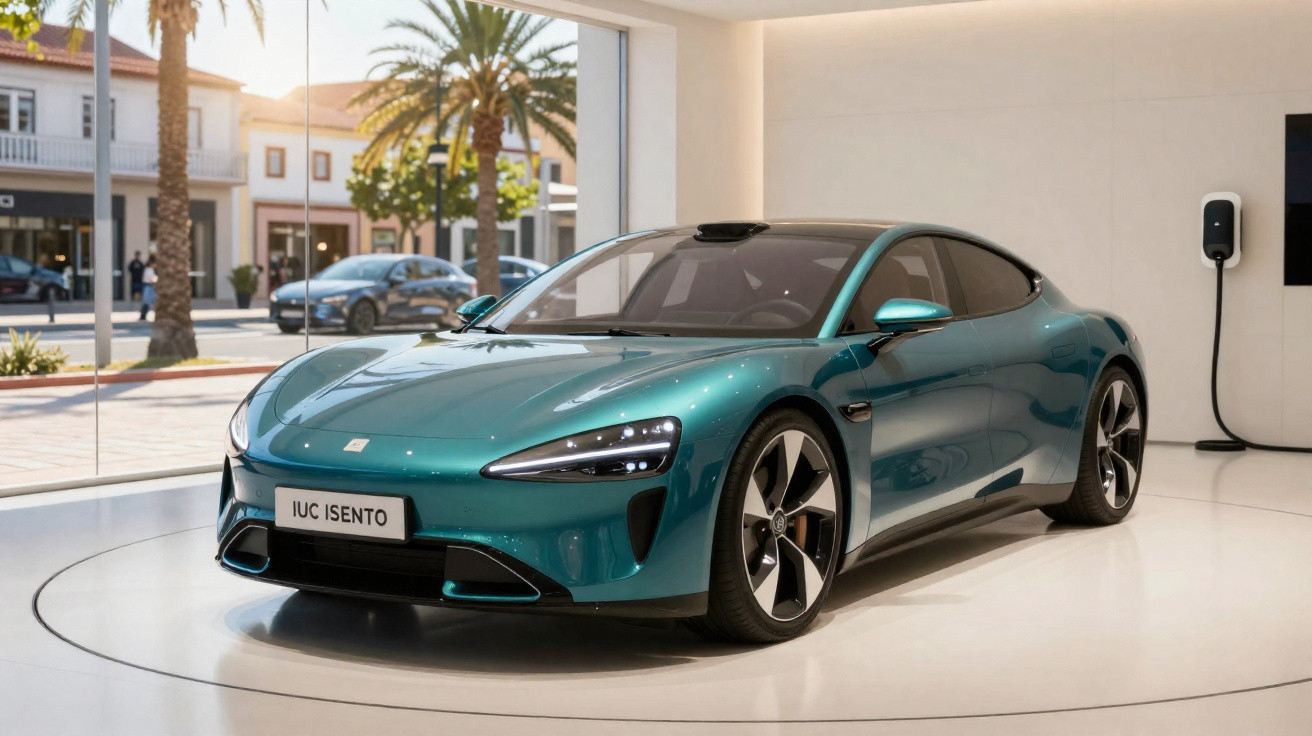Carro elétrico desportivo verde em exposição numa sala com janelas grandes e recarregador na parede.