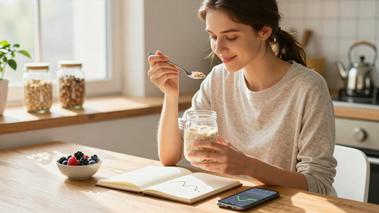 Mulher a comer iogurte com granola sentada à mesa de cozinha com caderno, telemóvel e tigela de frutos.