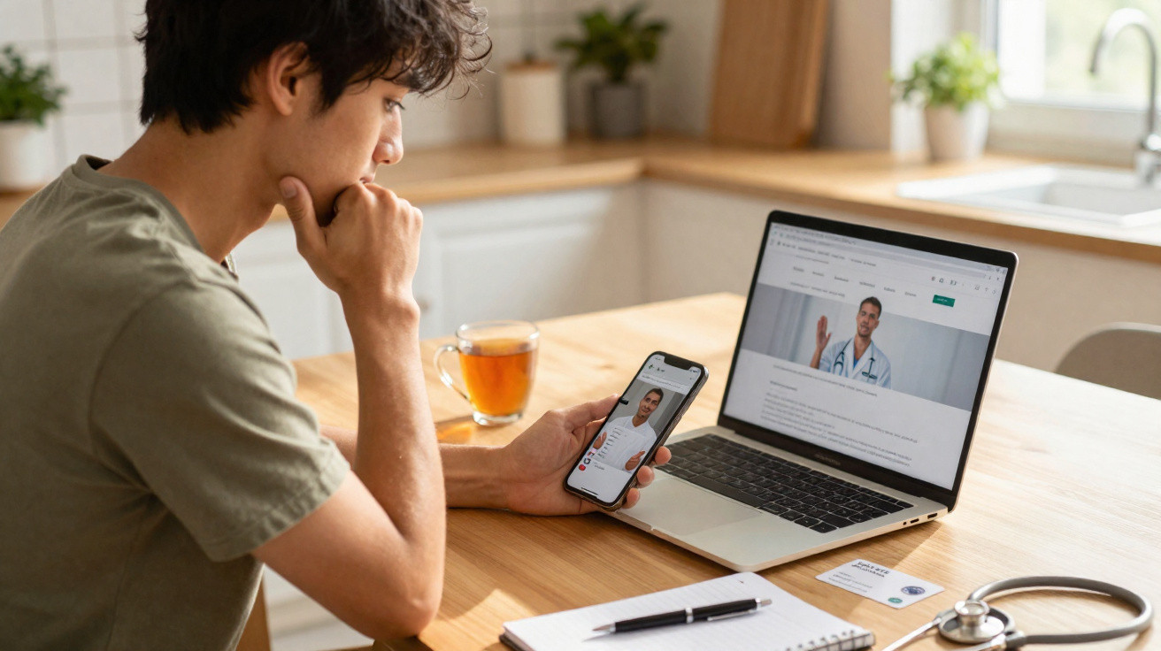 Homem a fazer consulta médica online com médico visível em telemóvel e computador numa mesa com caderno e estetoscópio.