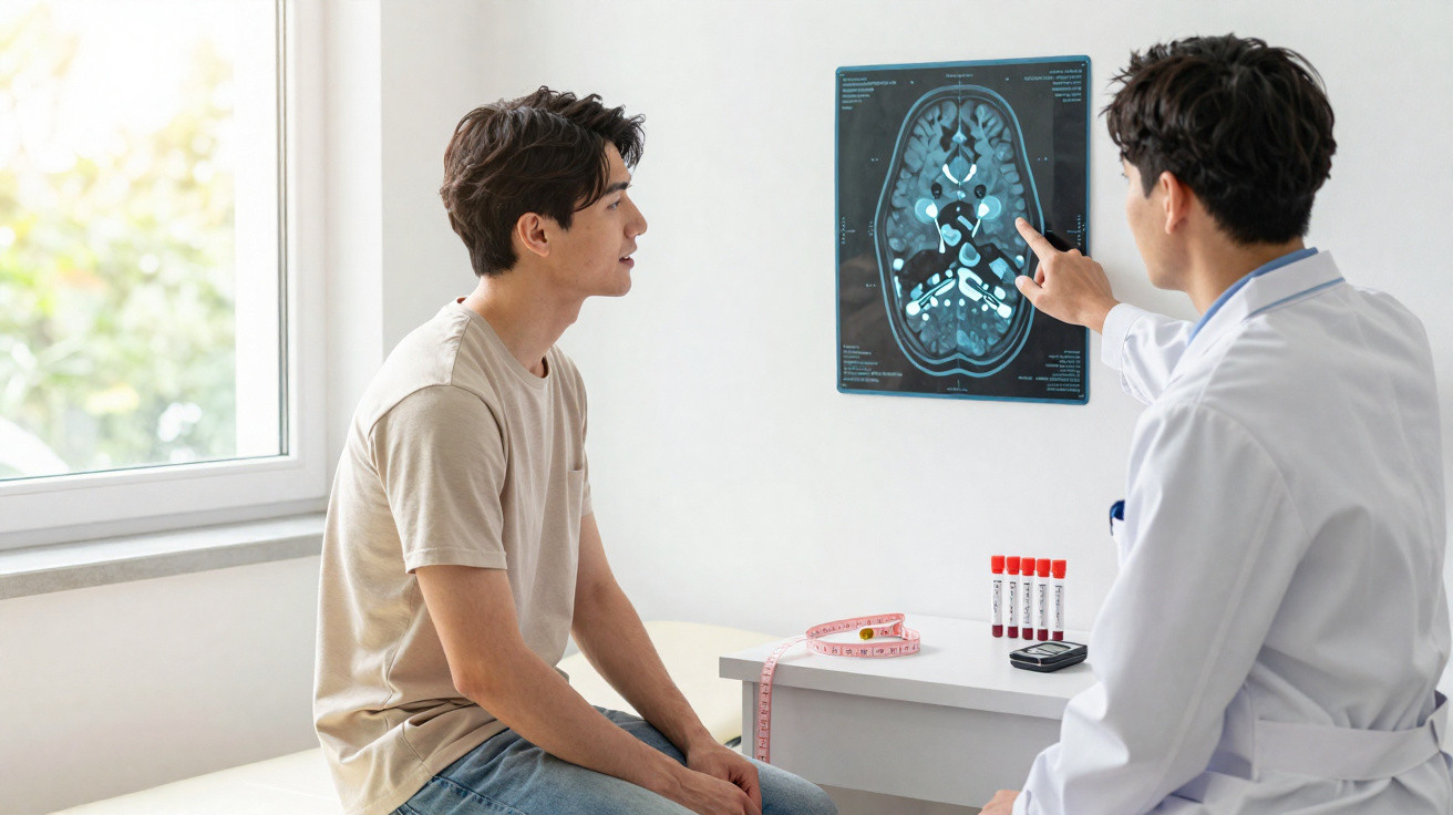 Médico explica a um paciente resultados de uma radiografia cerebral numa consulta num consultório.