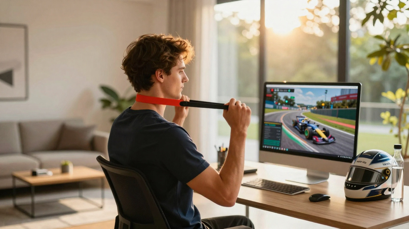 Jovem sentado a jogar simulador de corridas no computador, usando volante de pescoço, capacete e garrafa na mesa.