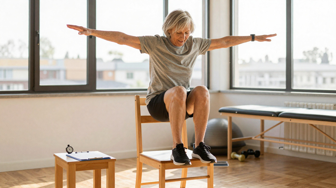 Mulher sénior a fazer exercício de equilíbrio sentada numa cadeira com braços abertos num espaço iluminado.