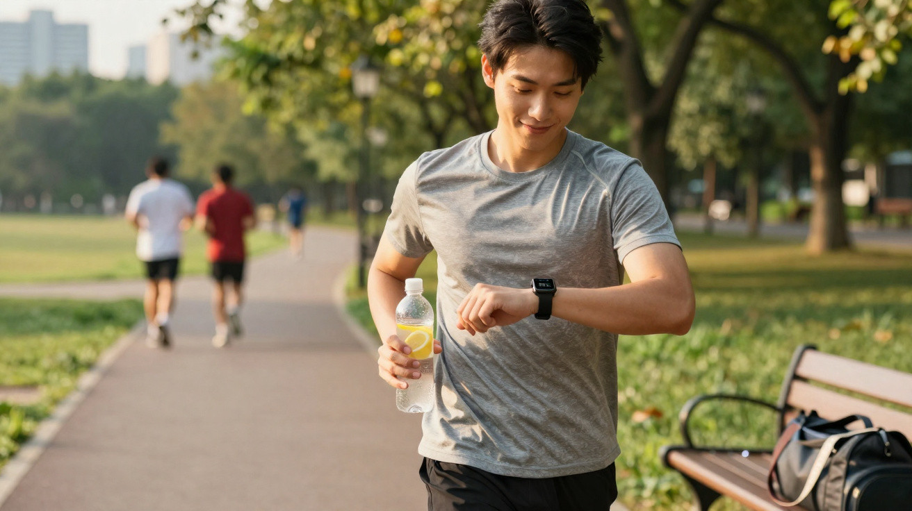 Homem a correr num parque, a segurar uma garrafa de água e a olhar para o relógio no pulso.