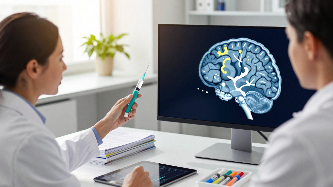 Dois médicos em consulta observam imagem digital do cérebro e discutem tratamento com seringa na mão.
