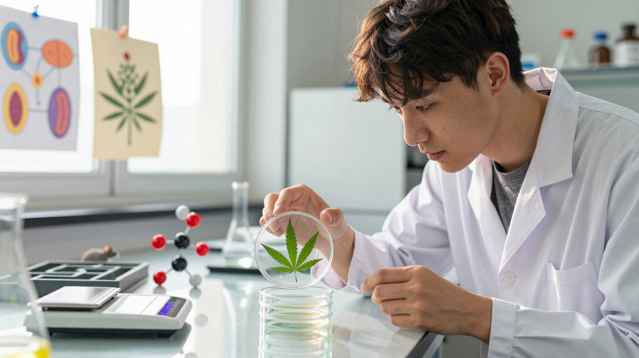 Cientista em laboratório analisa folha de cannabis sobre placas de Petri numa mesa com equipamentos científicos.