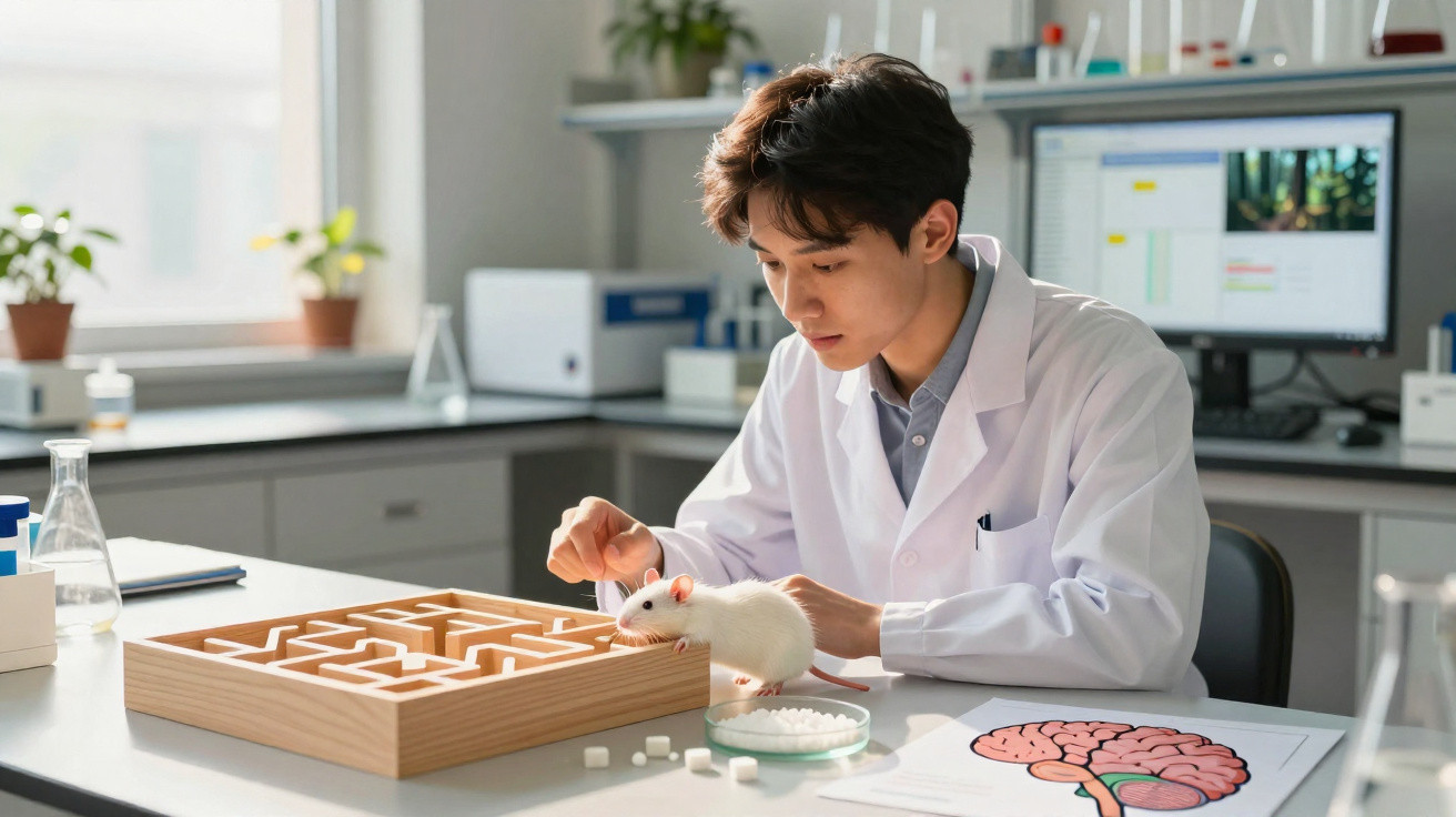 Cientista com bata branca a usar rato branco em experimento com labirinto numa sala de laboratório.