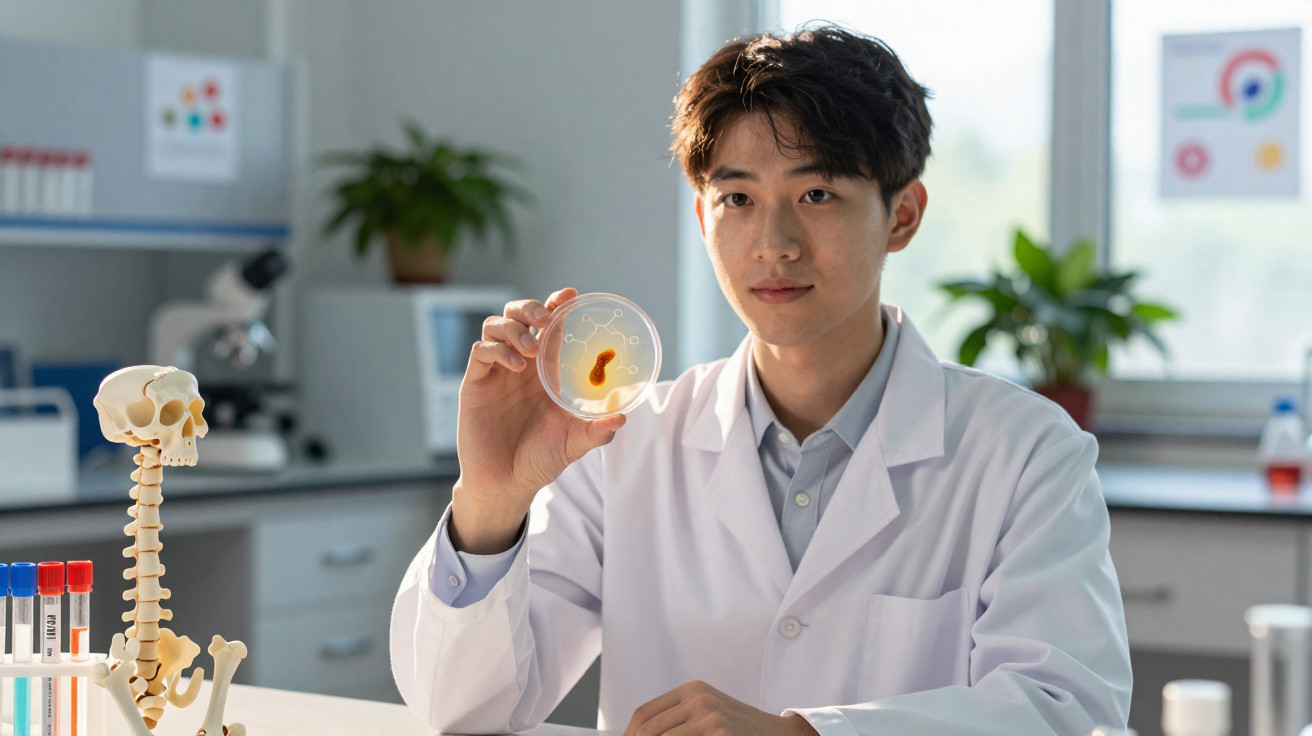 Jovem cientista em laboratório a analisar cultura numa placa de Petri vestindo bata branca.