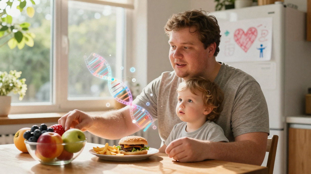 Pai e filho pequenos sentados à mesa com alimentos, sobrepostos por gráfico 3D da cadeia de ADN.