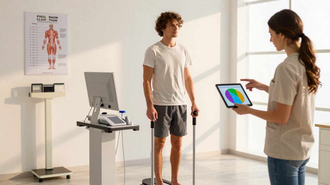 Paciente em consulta de avaliação postural com profissional que usa tablet para analisar resultados.
