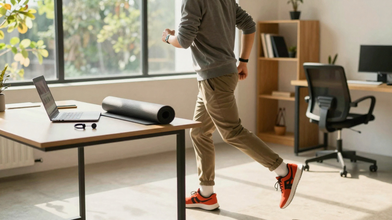 Pessoa a fazer exercício em casa perto de uma mesa com computador portátil e tapete de yoga.