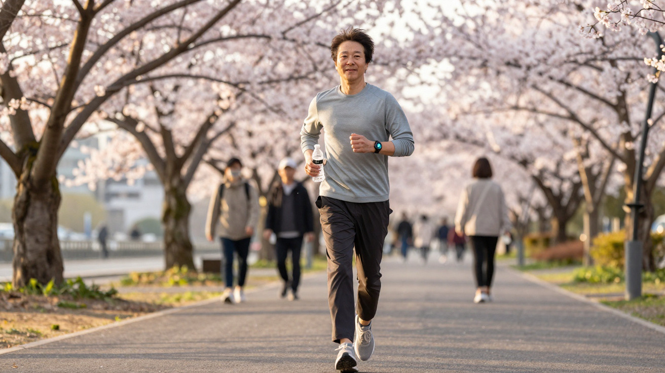 Homem a correr numa alameda florida com cerejeiras, pessoas a passear ao fundo.