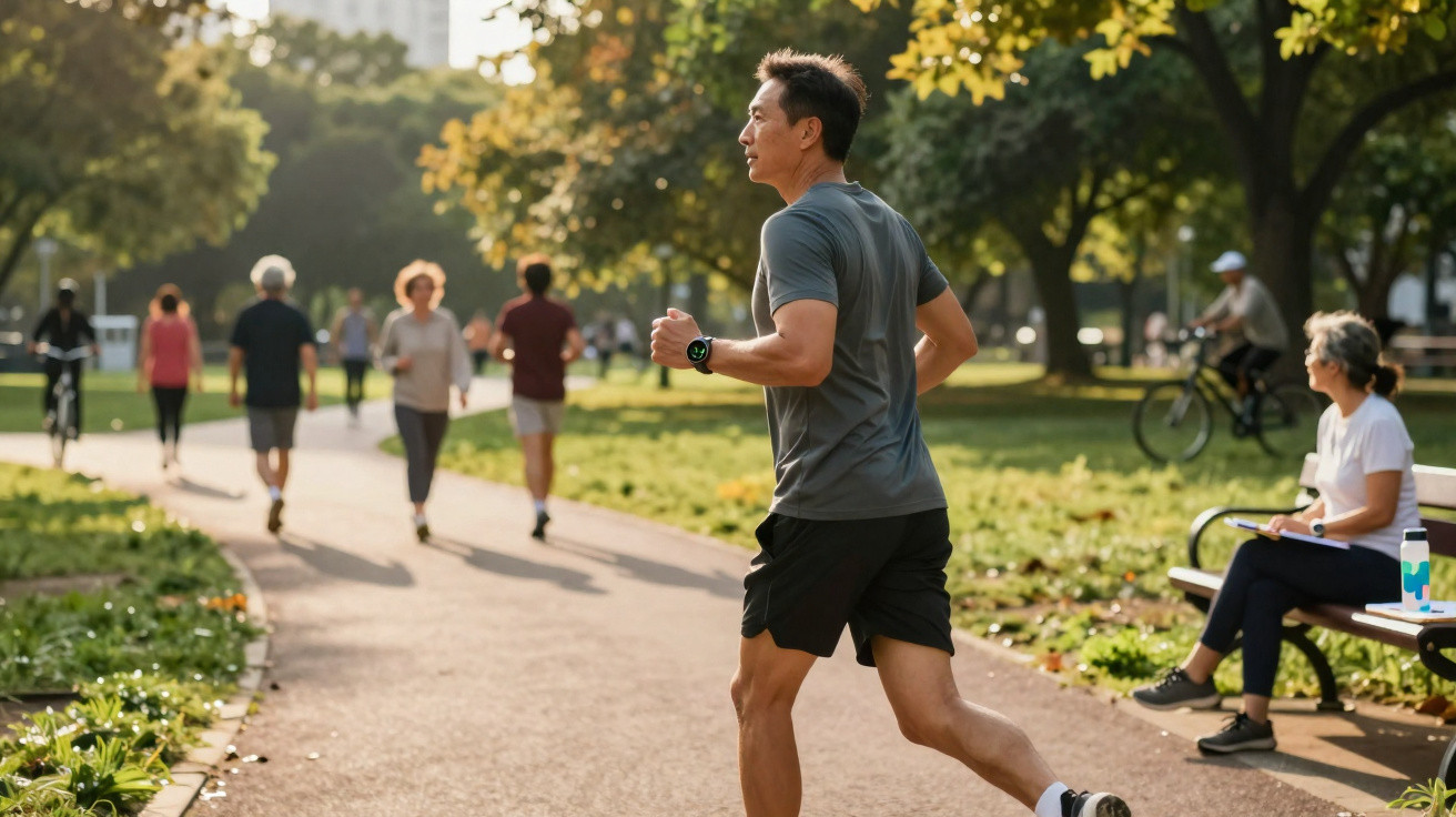 Homem a correr num parque urbano ensolarado com outras pessoas a caminhar e sentadas.