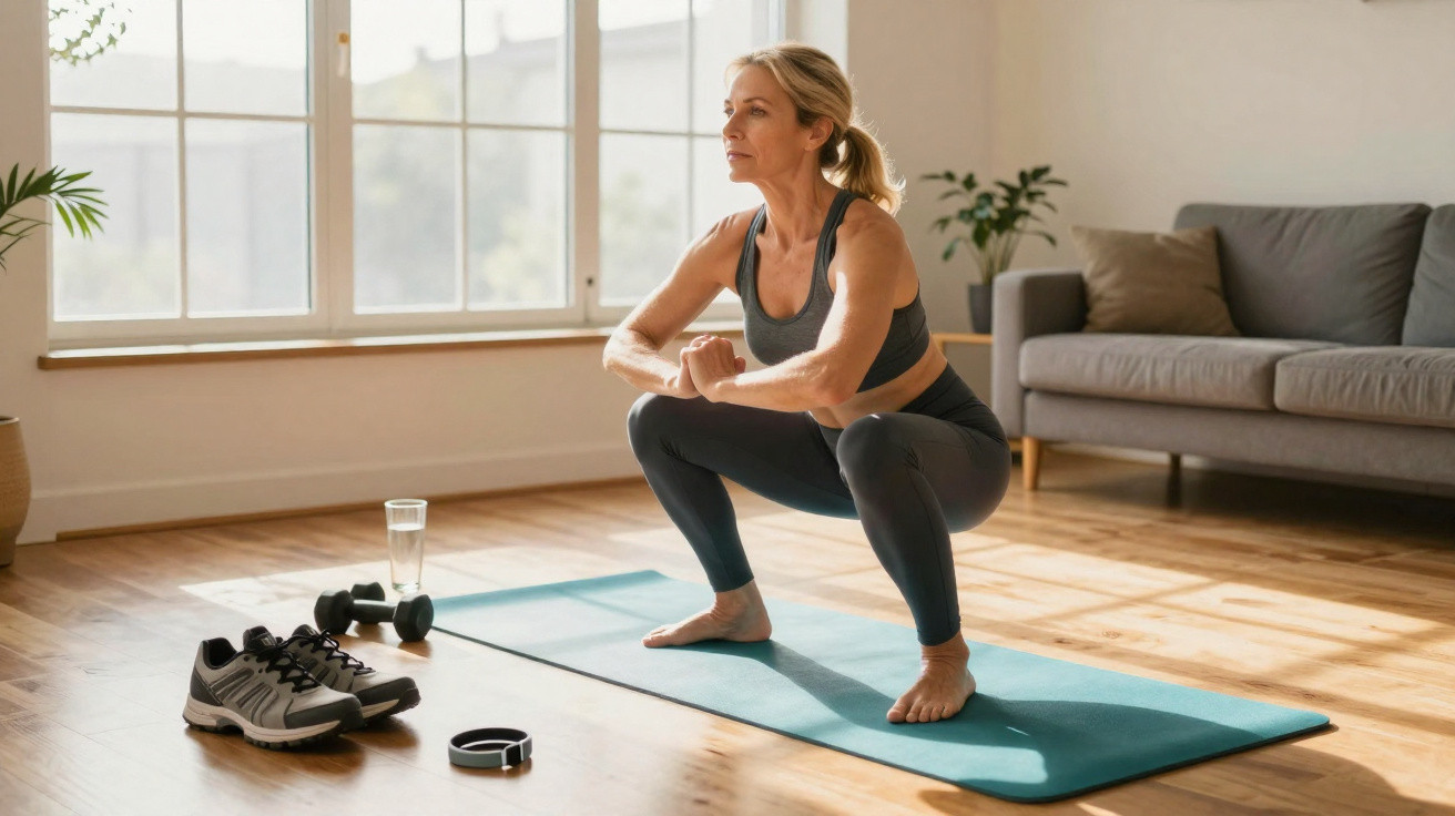 Mulher a fazer exercício de agachamento numa sala iluminada com tapete de yoga e ténis no chão.