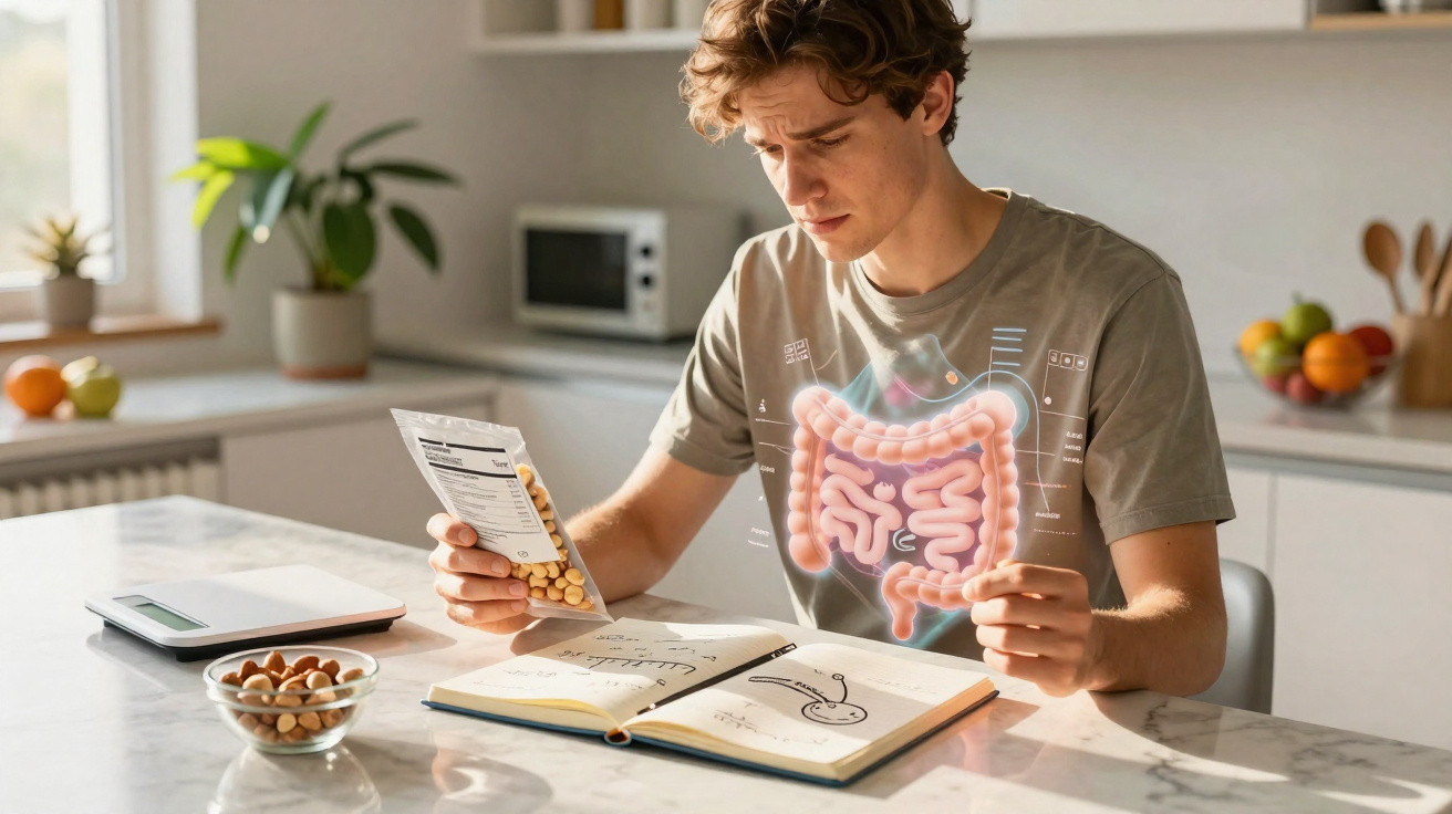 Homem sentado a ler rótulo de suplemento com ilustração digital do sistema digestivo sobreposta.