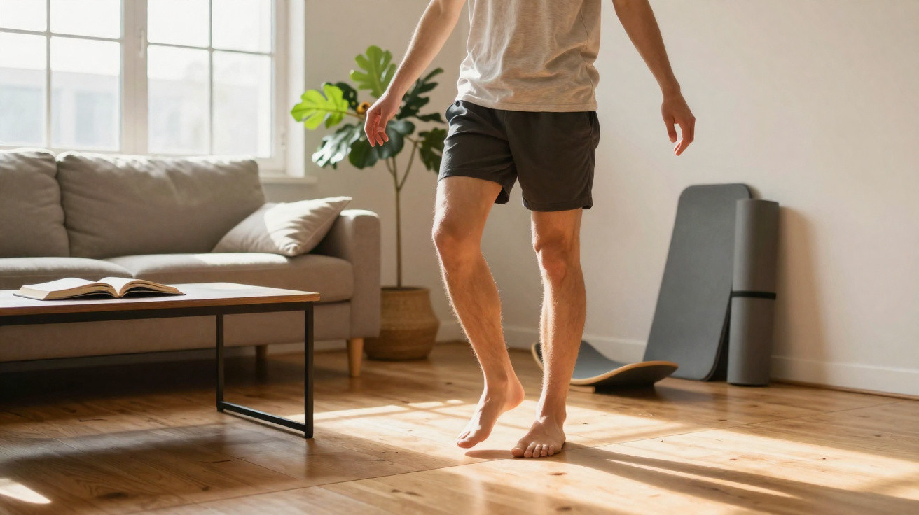 Pessoa descalça a equilibrar-se numa perna num chão de madeira numa sala com sofá, mesa e planta.