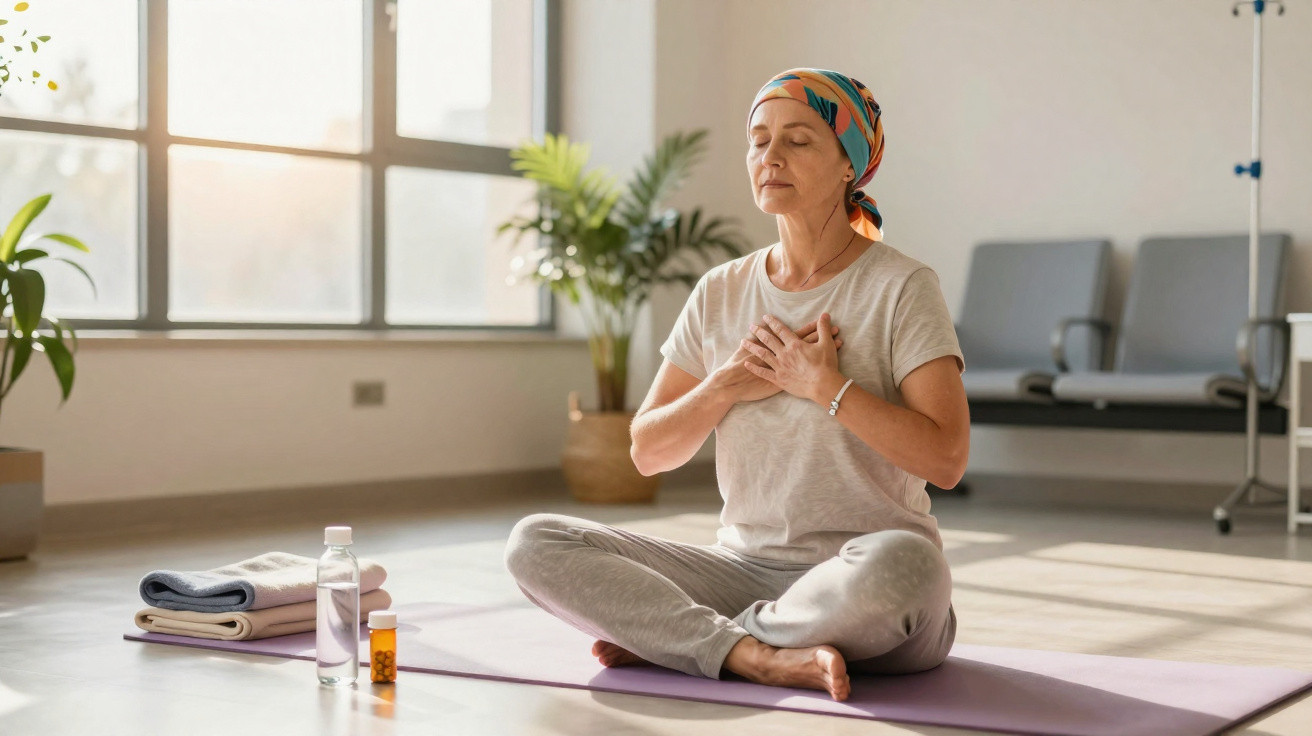 Mulher com lenço na cabeça pratica meditação sentada em tapete de yoga num quarto iluminado.