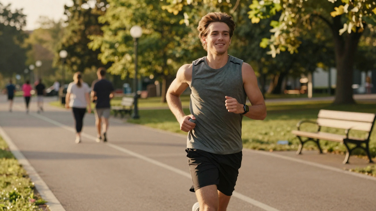 Homem jovem a correr num parque urbano com árvores e outras pessoas a caminhar ao fundo.