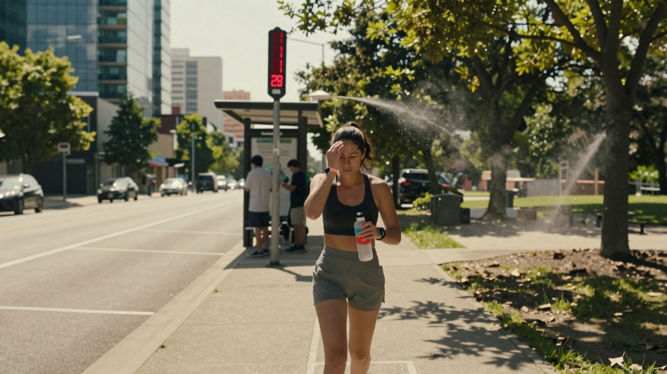 Mulher a correr num passeio urbano, segurando uma garrafa de água num dia ensolarado com árvores e edifícios ao fundo.
