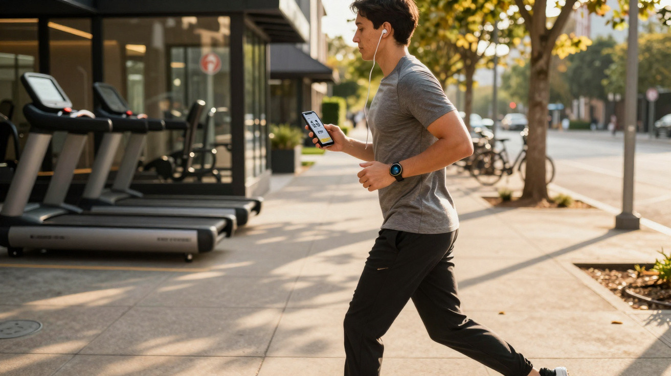 Homem a correr na rua com roupa desportiva, auriculares e telefone na mão junto a passadeiras rolantes.