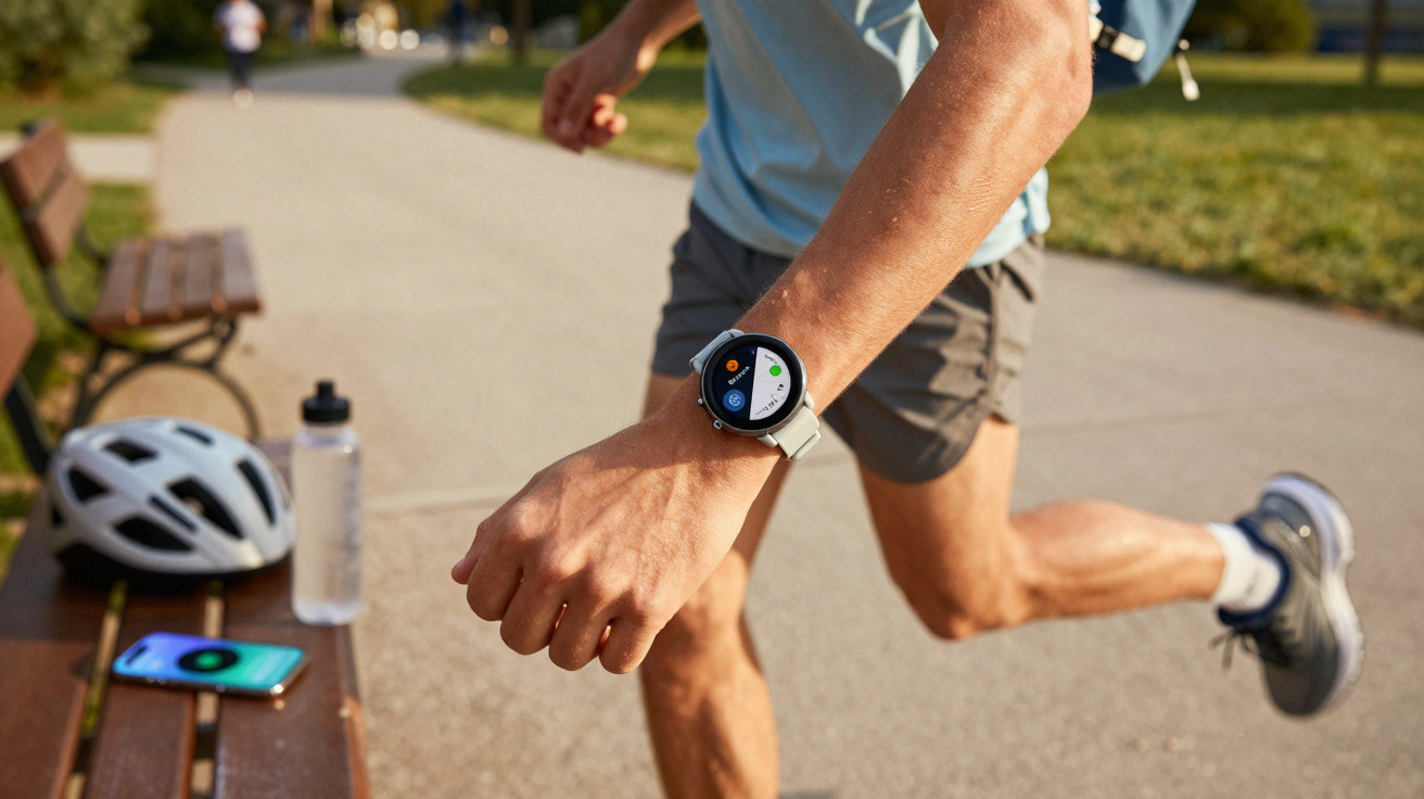 Pessoa a correr num parque, usando relógio inteligente para monitorizar atividade física.