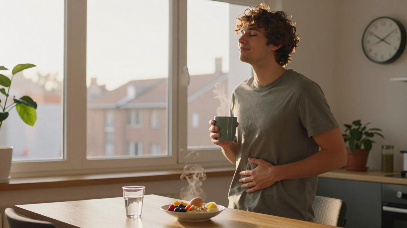 Homem com camiseta verde a segurar chá quente e a sorrir numa cozinha iluminada pela manhã.