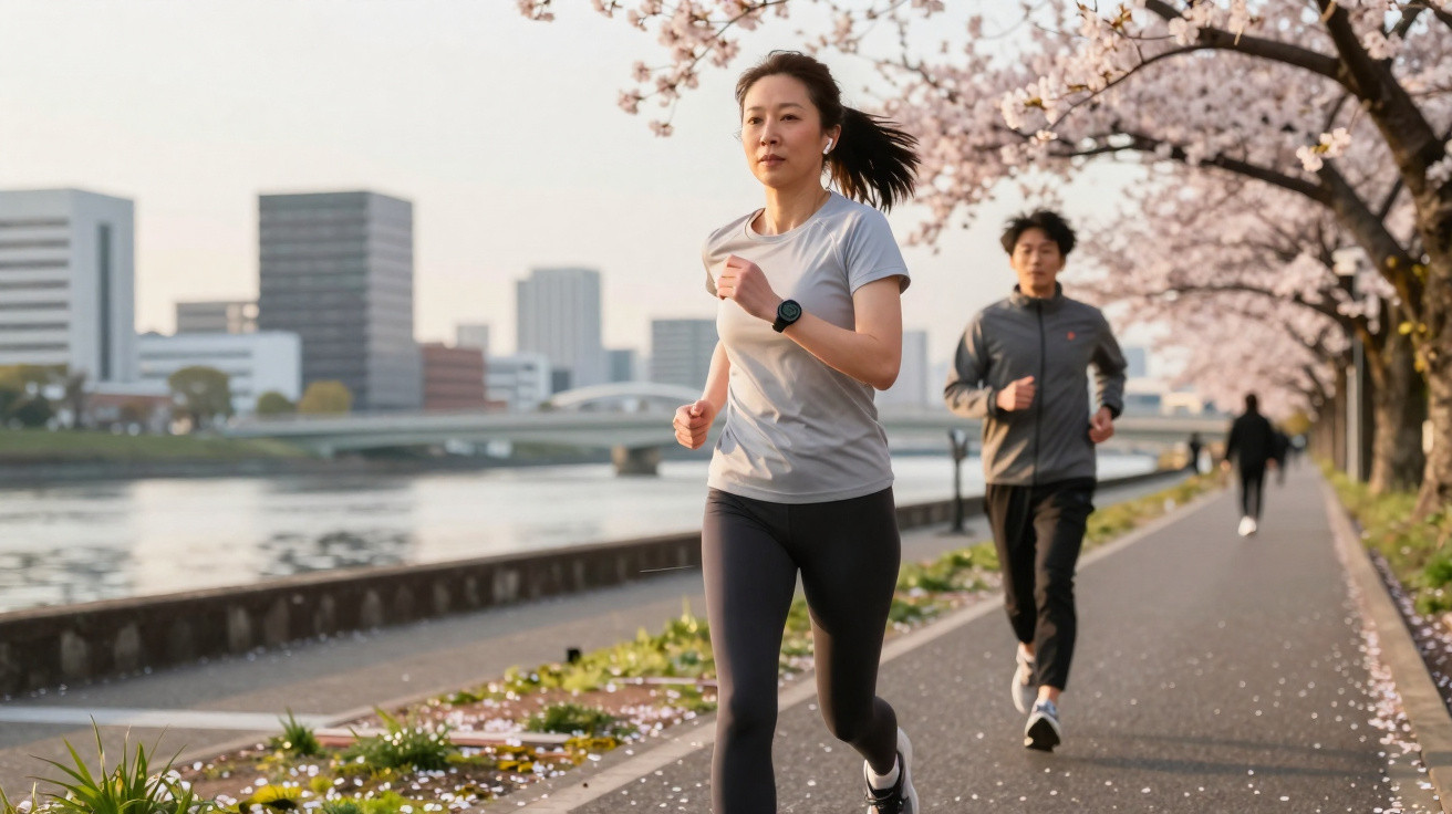 Mulher e homem a correr num passeio junto a um rio com árvores floridas na Primavera.