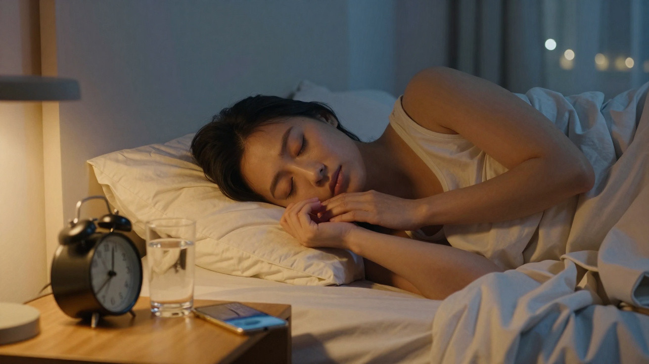 Mulher a dormir na cama à noite, com despertador e copo de água na mesa de cabeceira.