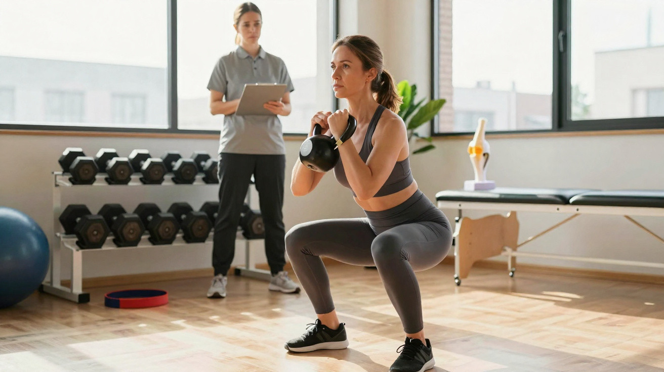 Mulher a fazer agachamento com kettlebell enquanto treinador observa e toma notas numa sala de ginásio.