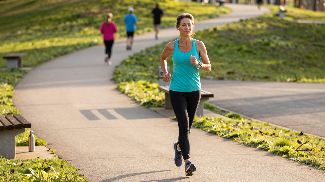 Mulher a correr num parque ensolarado com outras pessoas a caminhar ao fundo.