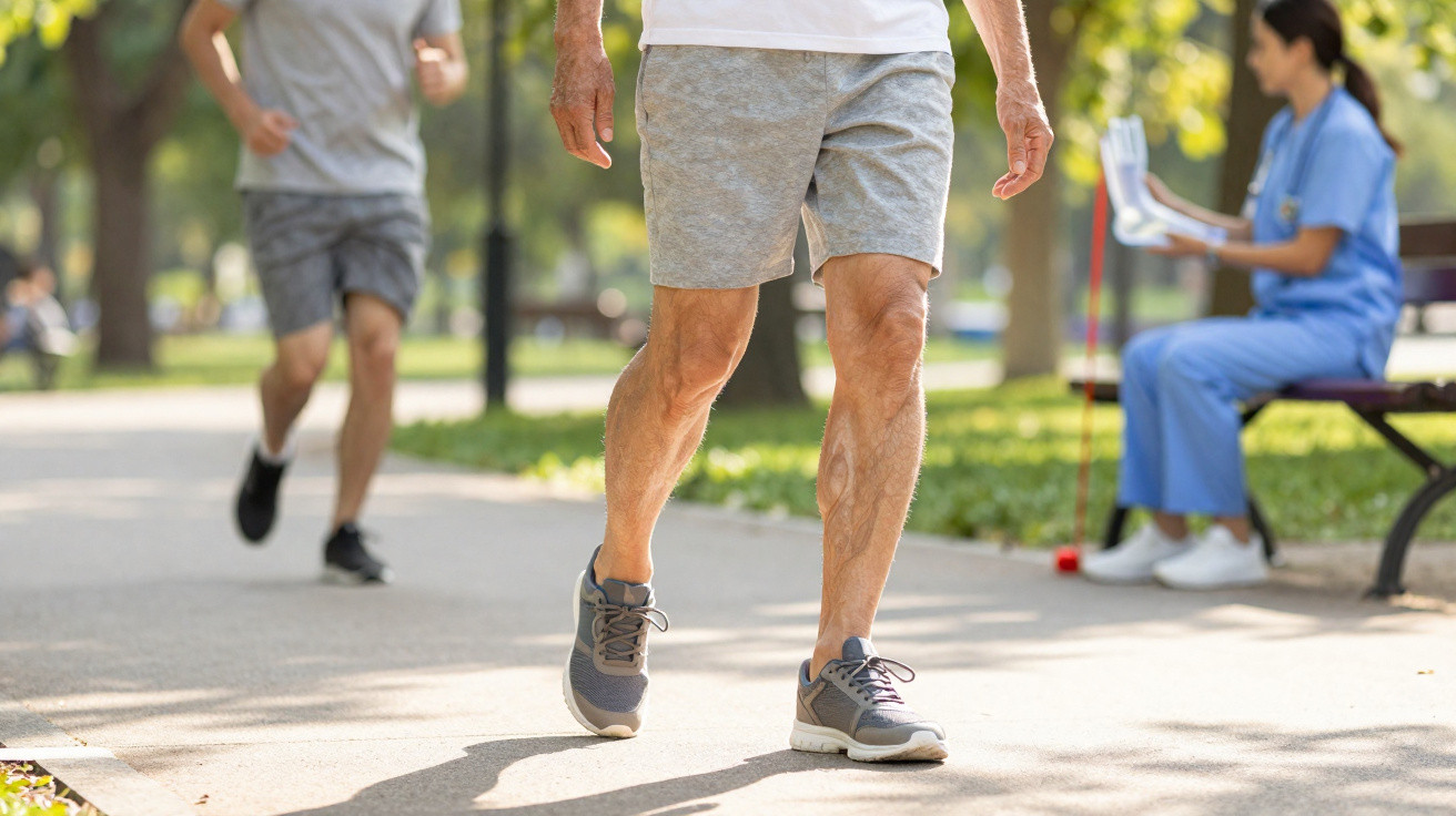 Pessoa idosa a caminhar num parque, com outra a correr e profissional de saúde sentada num banco ao fundo.