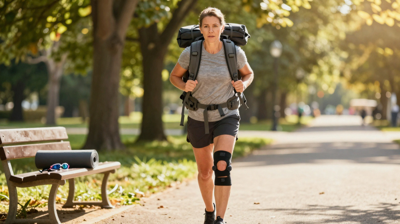 Mulher com mochila e joelheira a caminhar num parque com banco e tapete de yoga ao lado.