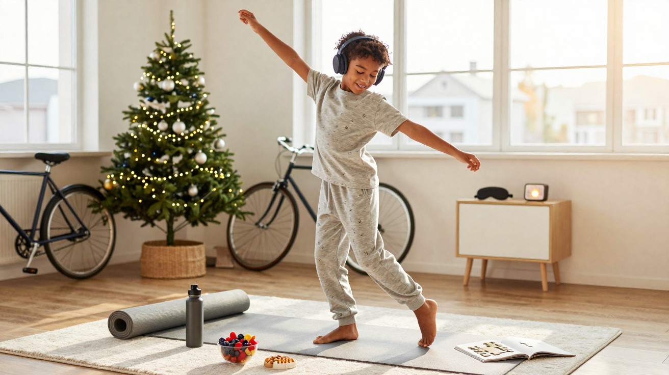Menino de pijama dança com auscultadores numa sala luminosa com árvore de Natal, tapete e bicicleta.