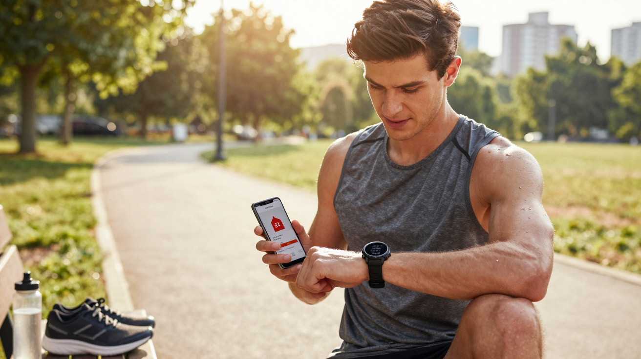 Homem sentado num parque a consultar dados de exercício no telemóvel e no relógio fitness.