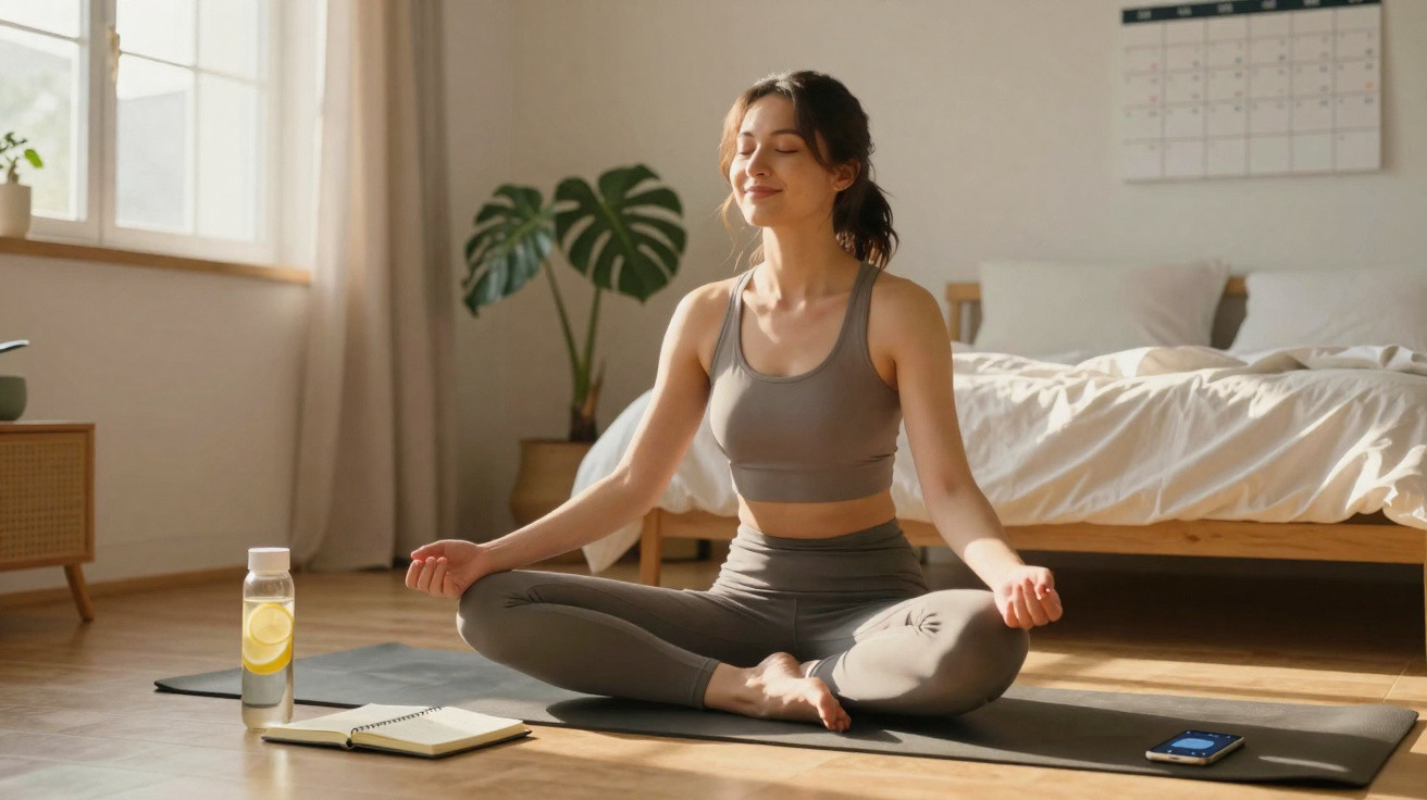 Mulher a praticar meditação sentada em posição de lótus num tapete de yoga num quarto iluminado.