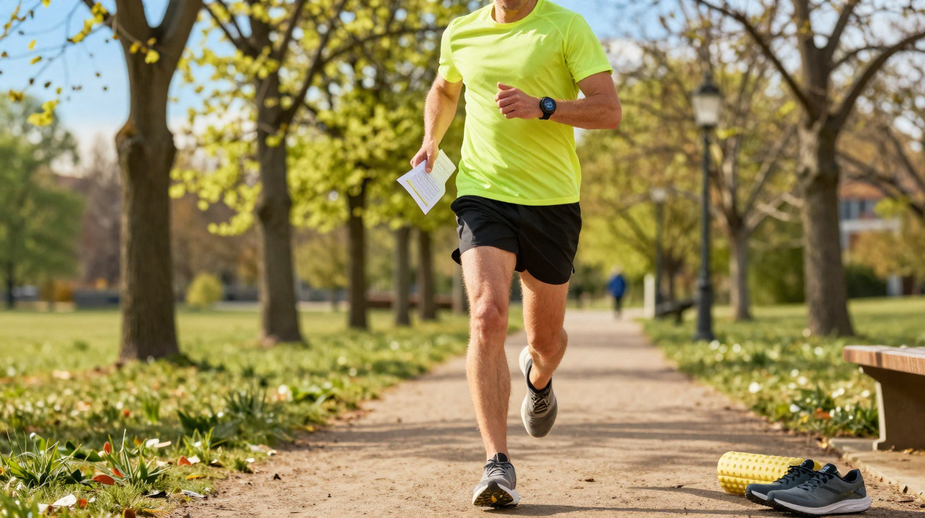 Homem a correr num parque com camiseta amarela, segurando um papel, ao lado de sapatos e rolo de espuma.
