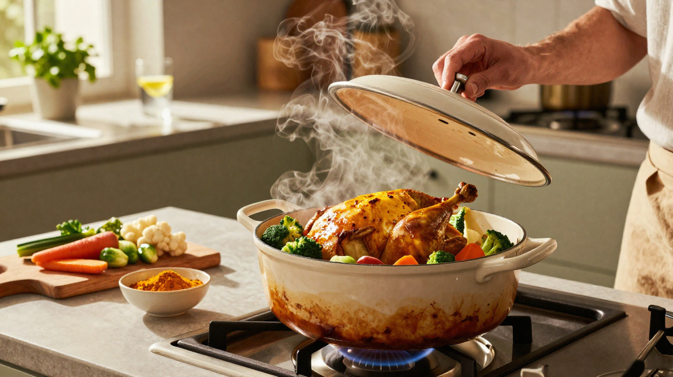 Frango assado com legumes a vapor numa panela no fogão, enquanto a tampa é levantada.