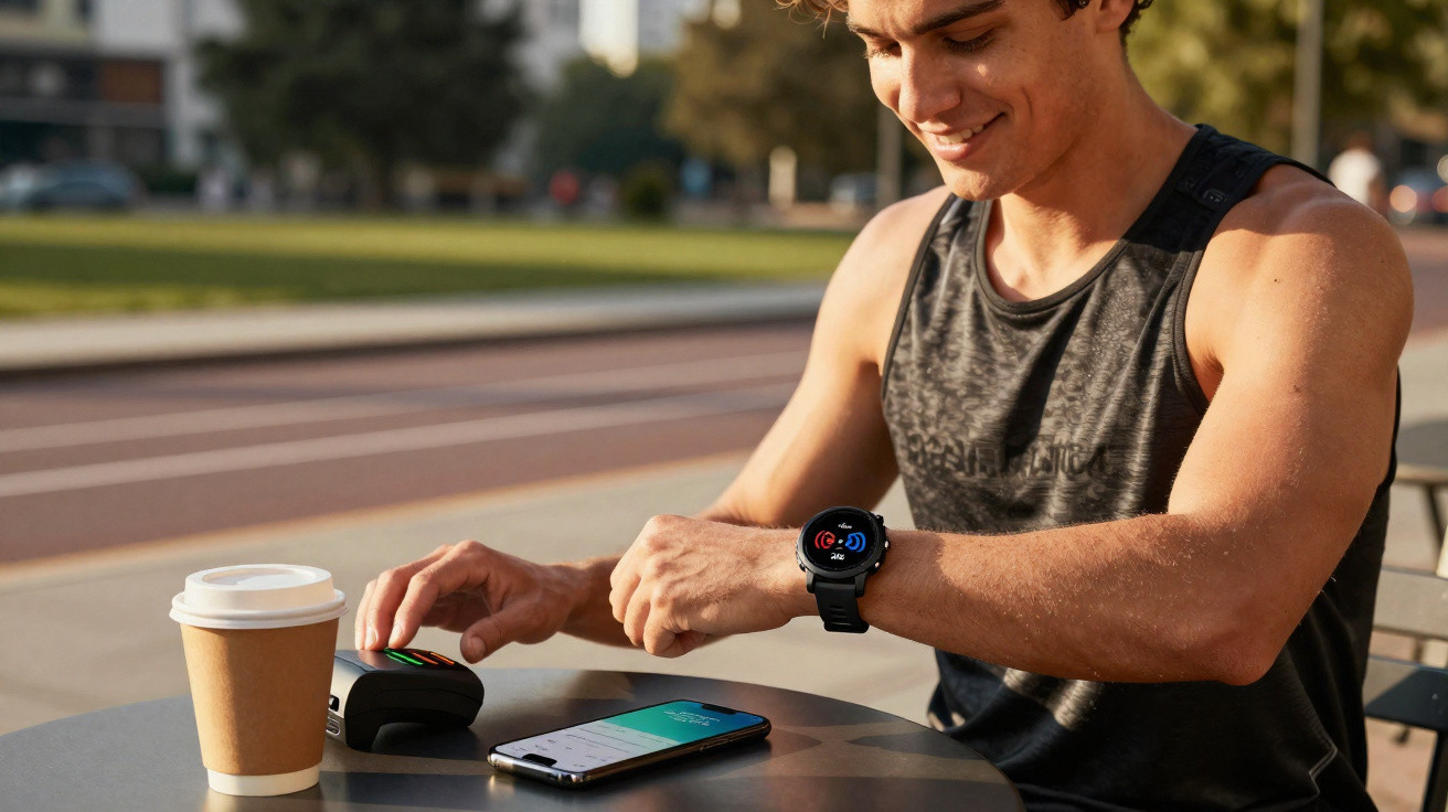 Homem a pagar com smartwatch numa mesa de café ao ar livre, com telemóvel e chávena descartável na mesa.