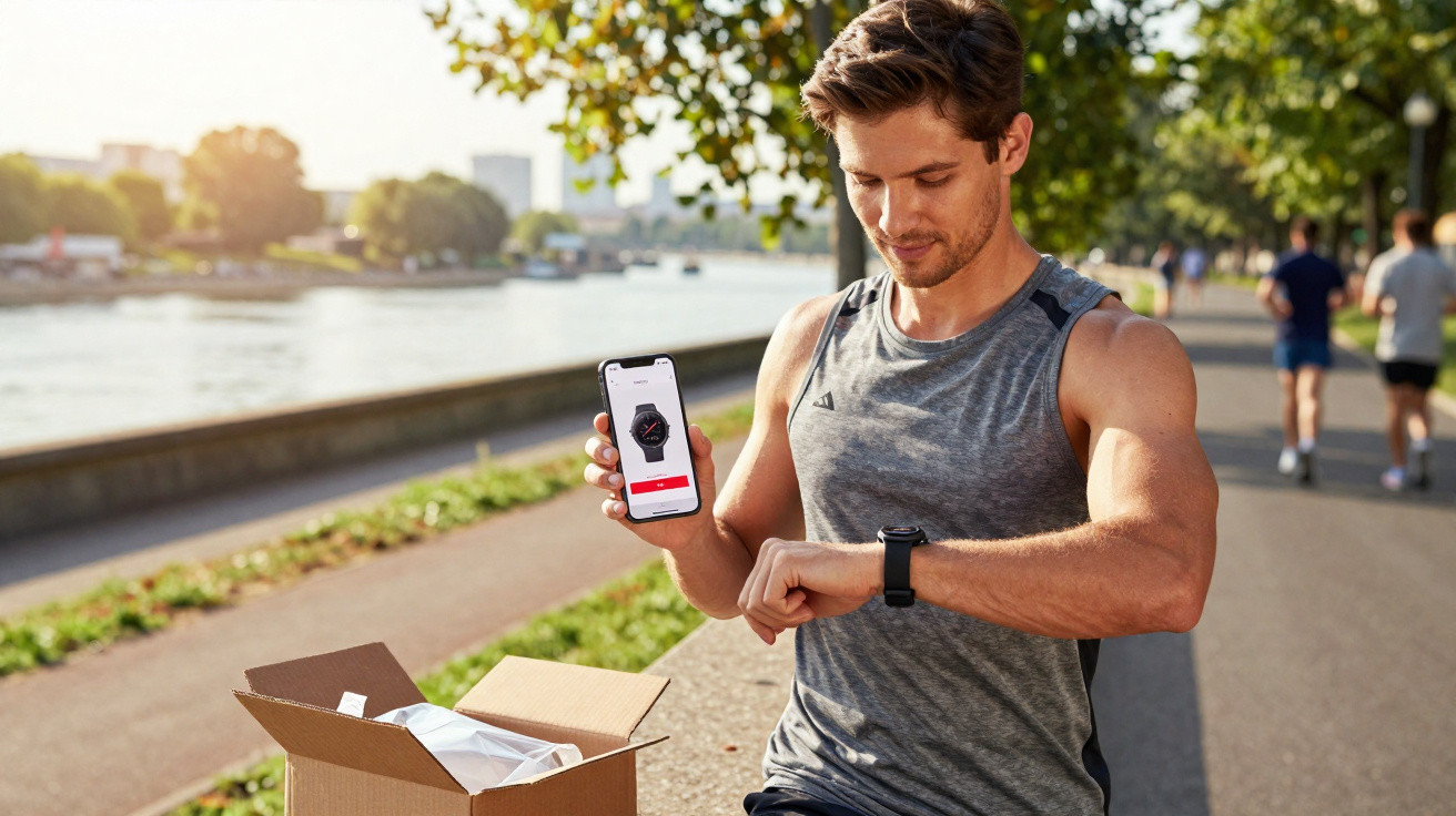 Homem com roupa desportiva a verificar smartwatch e telemóvel junto a rio e caixa aberta num parque.