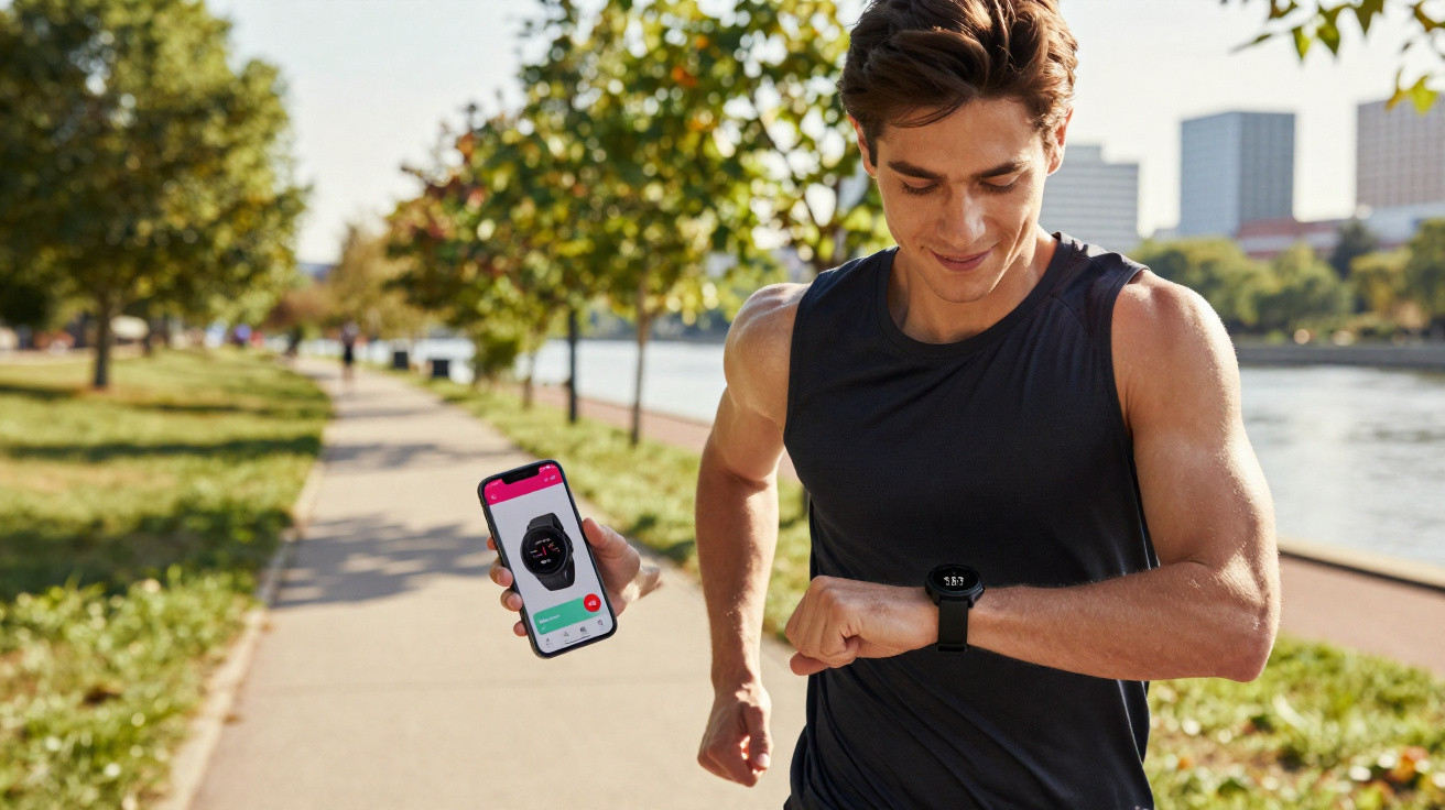 Homem a correr num parque junto a um rio, segurando smartphone com app de corrida e a ver relógio inteligente.